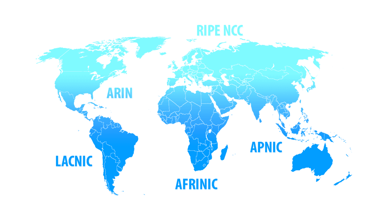 Mapa de las regiones de servicio de los cinco registros regionales de Internet