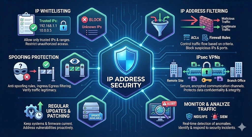 A comprehensive digital security infographic showing five key defense layers for an IP network: 1. A green "Whitelist" checkmark; 2. A firewall icon for "IP Filtering"; 3. An "Anti-Spoofing" shield; 4. A locked "IPsec VPN" tunnel for encrypted data ; and 5. A magnifying glass over data streams representing "Traffic Analysis and Monitoring"
