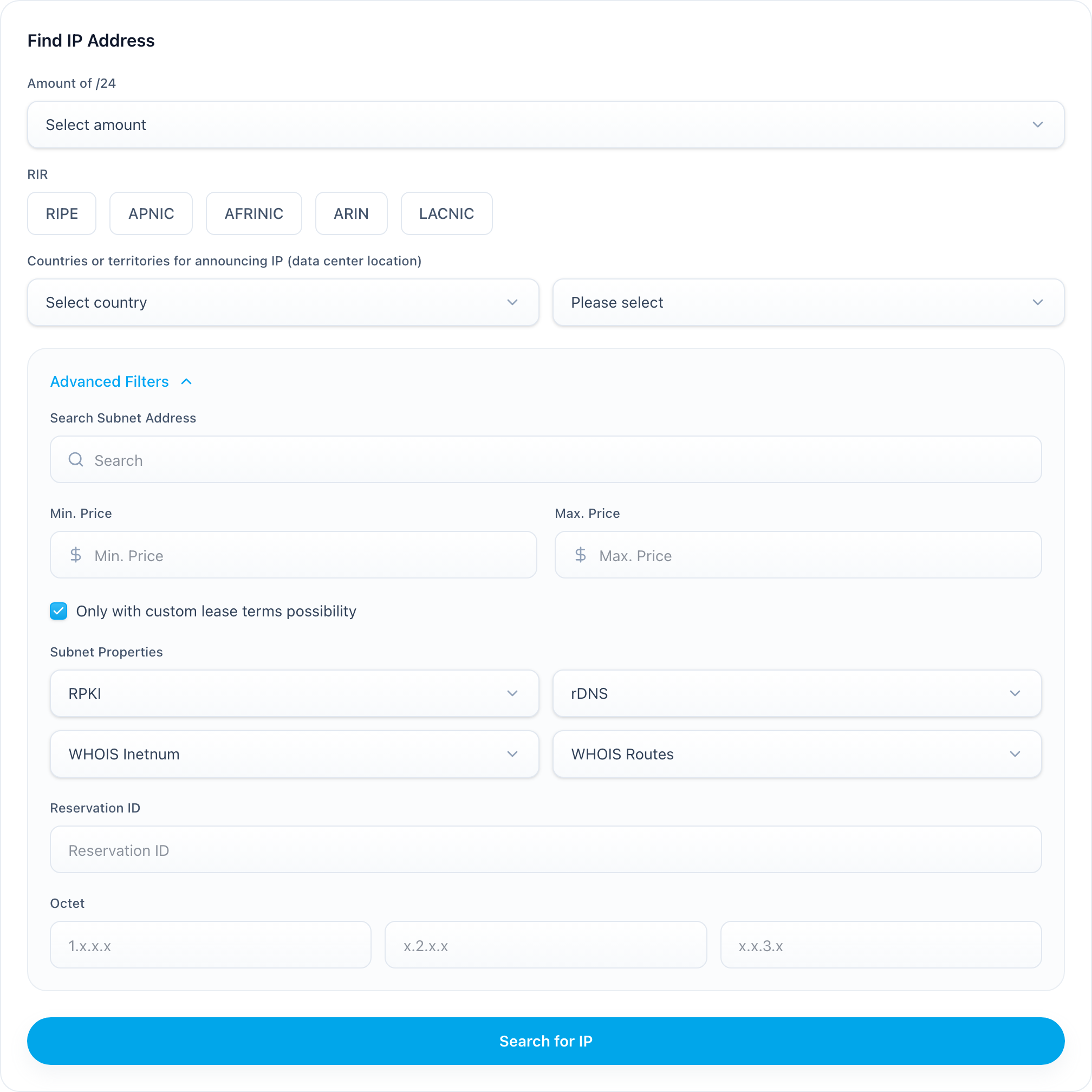 Lease In search and order form