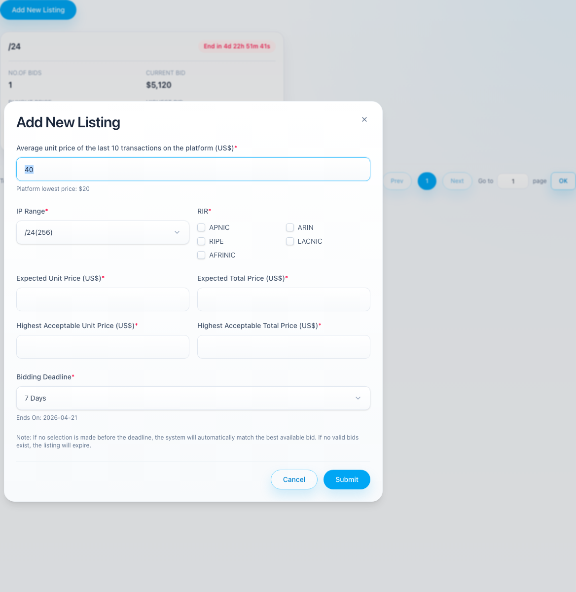 Buy add new listing dialog