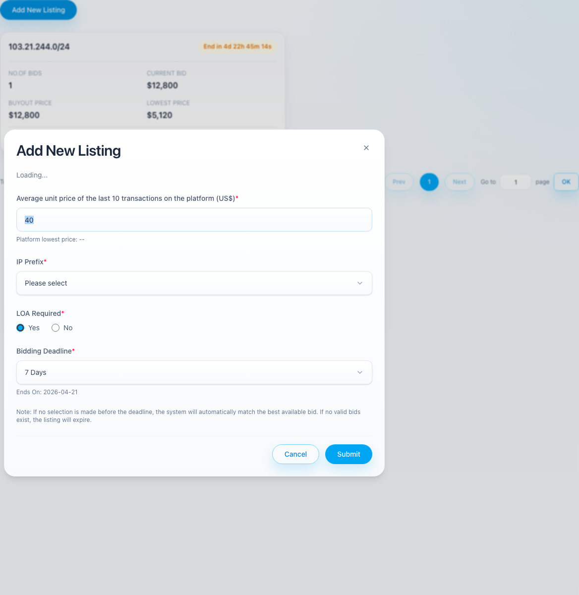 Sell add new listing dialog