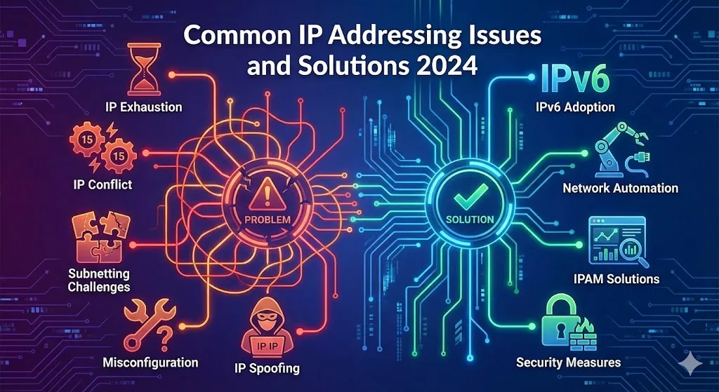 A comprehensive digital graphic depicting various network troubleshooting scenarios. On one side, symbols represent challenges like IP exhaustion (empty battery), address conflicts (two devices clashing), and spoofing (a masked digital figure). On the other side, "Solutions" are shown through glowing icons for IPv6 adoption, network automation, and a centralized IPAM dashboard. The overall design is modern and clean, utilizing a professional palette of deep blue, white, and neon accents to symbolize a secure and optimized network environment.
