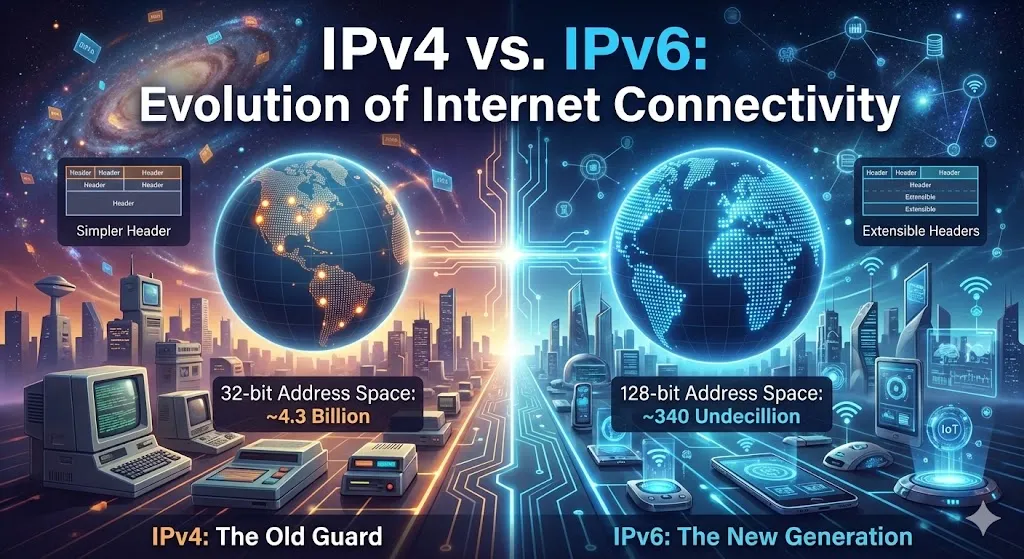 A split-screen digital illustration showcasing the evolution from IPv4 to IPv6. The left side represents IPv4 as "The Old Guard" with a 32-bit address example and a crowded network visualization. The right side represents IPv6 as "The New Generation," featuring a 128-bit address example against a vast, expansive digital universe. A central glowing bridge connects the two, symbolizing the industry transition, while icons for IoT, 5G, and enhanced security highlight the benefits of the newer protocol.