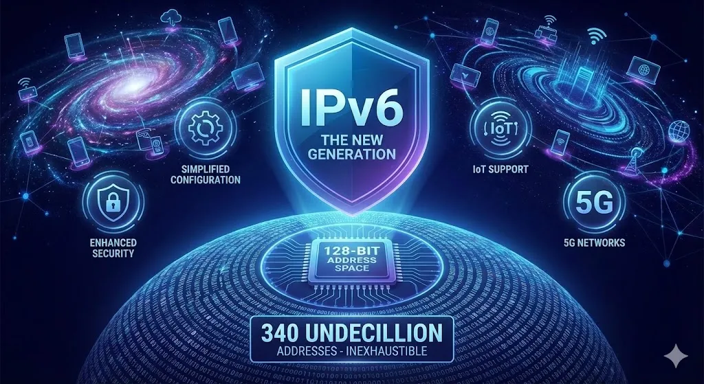 A futuristic digital illustration representing IPv6 technology. At the center is a glowing "128-bit" label, surrounded by a vast, expansive nebula of interconnected nodes symbolizing the "340 undecillion" address space. Icons for 5G towers, smart IoT devices, and digital shields for enhanced security orbit the central core. The design uses a vibrant neon purple and cyan color scheme, conveying an infinite, high-capacity network built for future generations.