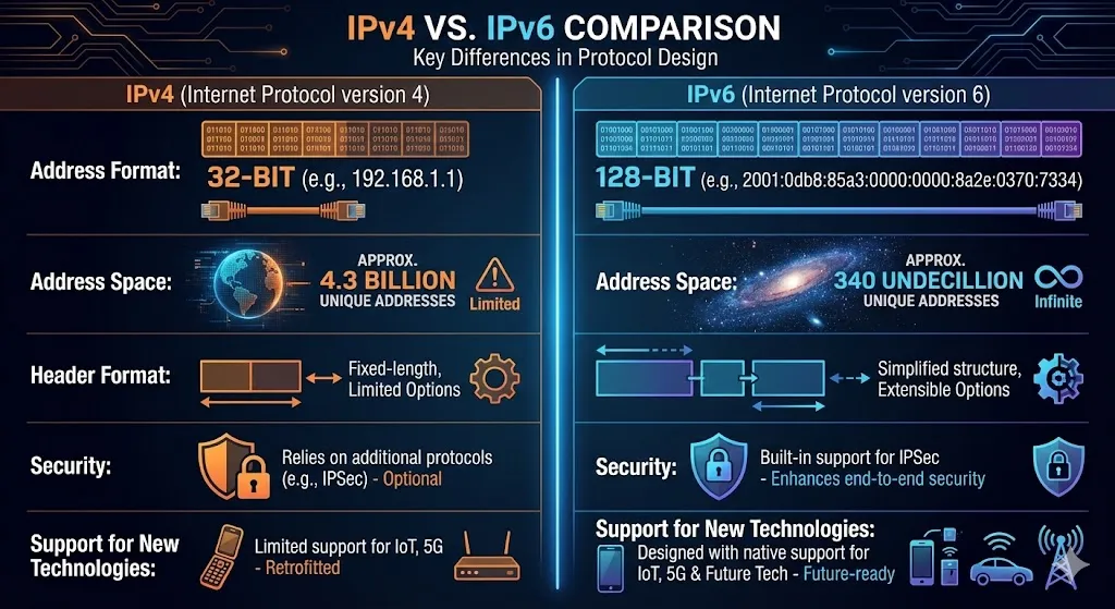 A detailed technical infographic comparing IPv4 and IPv6. The left column (IPv4) shows a 32-bit address format and a congested network icon, labeled with "4.3 Billion Addresses" and "External Security." The right column (IPv6) shows a long 128-bit hexadecimal address and a vast, cosmic network icon, labeled with "340 Undecillion Addresses" and "Built-in Security." Middle rows highlight the shift from "Fixed-length Headers" to "Extensible Headers" and the transition from "Limited IoT/5G Support" to "Native IoT/5G Support." The design is high-contrast and professional, perfect for a technical blog.