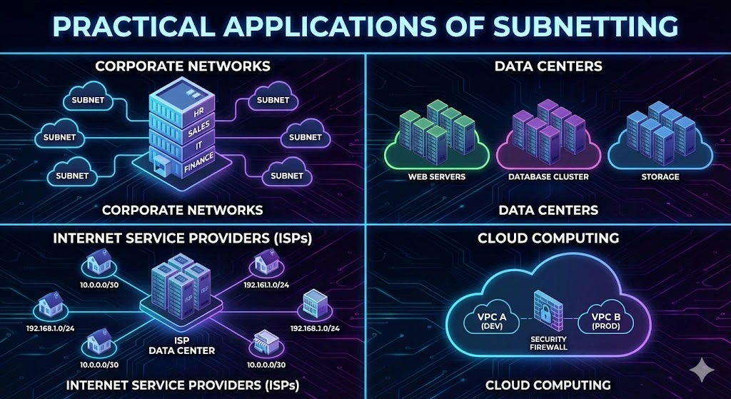 A diverse four-part visual showing different environments where subnetting is applied: a corporate office building with segmented department networks; a large ISP data center managing customer IP ranges; a high-density server room for resource allocation; and a cloud computing cloud icon representing virtual private networks and workload isolation.