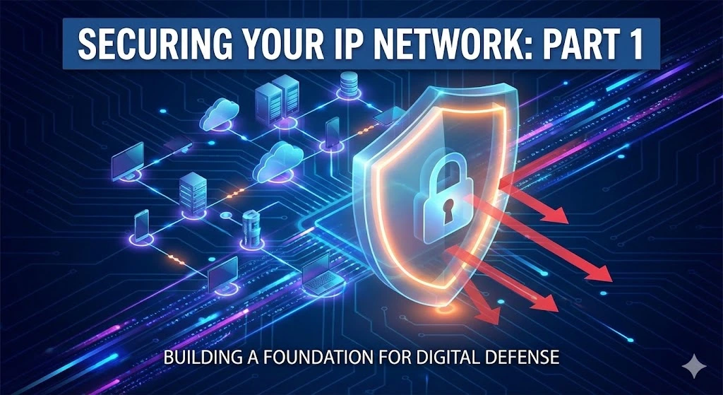 A professional feature image representing the first part of a series on IP network security. The visual features a central glowing IP address block protected by a high-tech fortress wall. Data packets flow through secure, illuminated channels, while icons for "Access Control" and "Network Monitoring" are integrated into a clean, futuristic interface. The color palette uses deep blues and vibrant cyans to convey trust and advanced technology.