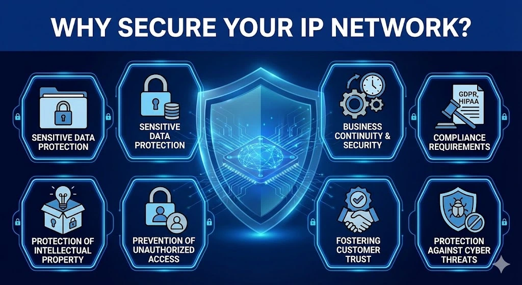 A conceptual infographic featuring a central "Secure IP Network" hub surrounded by seven key benefit icons: a padlock for Data Protection, a gear for Business Continuity, a checklist for Compliance, a shield for Threat Defense, a handshake for Customer Trust, a key for Access Control, and a lightbulb for Intellectual Property protection. All icons are connected to the central hub by glowing digital circuits.