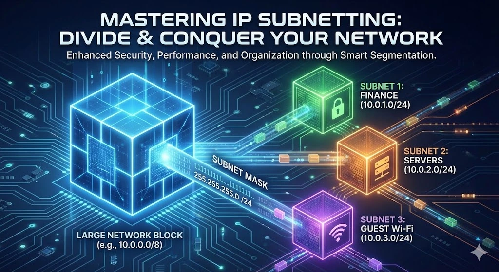 A technical feature image illustrating the concept of IP subnetting. It shows a large, main IP network block being systematically divided into smaller, organized sub-sections (subnets) on a digital blueprint. Key visual elements include binary code sequences, CIDR notation (like /24 and /27), and a network topology map that transitions from a single cluttered space to a structured, tiered hierarchy.