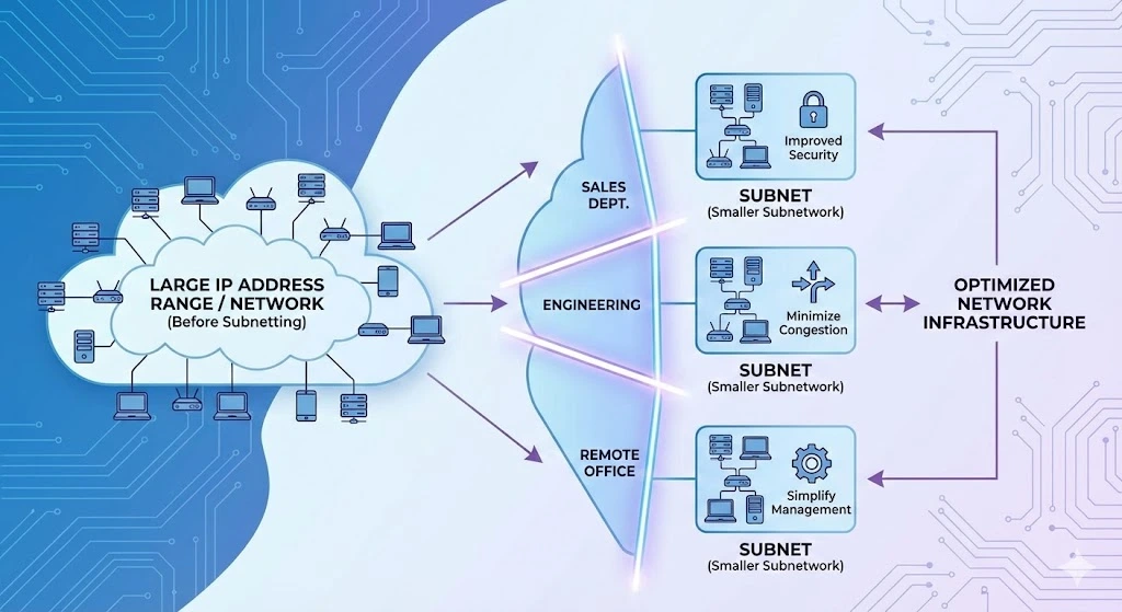 A conceptual diagram showing a large, glowing digital cube representing a primary IP network being split into several smaller, organized sub-cubes. Each smaller cube is labeled with distinct categories like "HR," "Sales," and "IT," connected by sleek data lines. This visual represents how subnetting organizes a network into logical, manageable groups to reduce congestion and improve security.