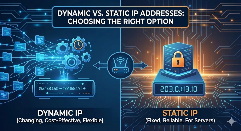 A professional high-tech feature image divided into two halves. The left side represents "Dynamic IP" with glowing, translucent bubbles containing shifting IP address numbers against a backdrop of fluid, curved neon circuit lines. The right side represents "Static IP" with a single, bold IP address anchored onto a solid metallic block with a sharp, geometric grid background. A central futuristic router connects both concepts to a glowing digital globe, symbolizing the internet. The color palette features deep navy, cyan, and white.