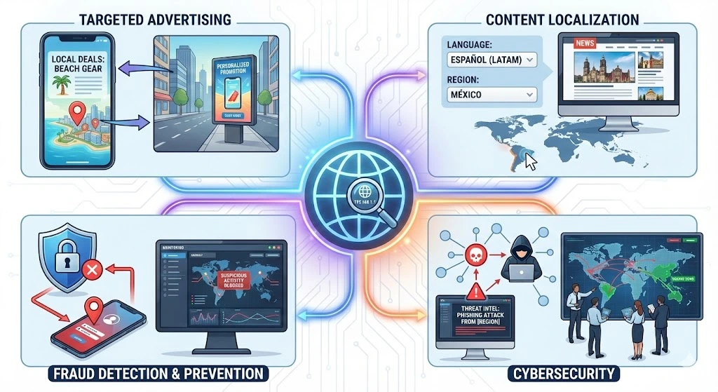 A 2x2 grid infographic displaying the four main uses of IP geolocation. Top left: "Targeted Advertising" with a person receiving local retail offers on a smartphone. Top right: "Content Localization" with a globe showing diverse language and cultural icons. Bottom left: "Fraud Detection" with a magnifying glass spotting a mismatched login location. Bottom right: "Cybersecurity" with a digital shield blocking a threat from a specific geographic region.