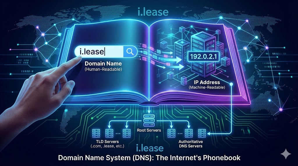 Feature image illustrating the function of the Domain Name System (DNS). A user's device requests a website name, which is shown being translated by a central DNS server into the corresponding numerical IP address, allowing the user to connect to the website server.