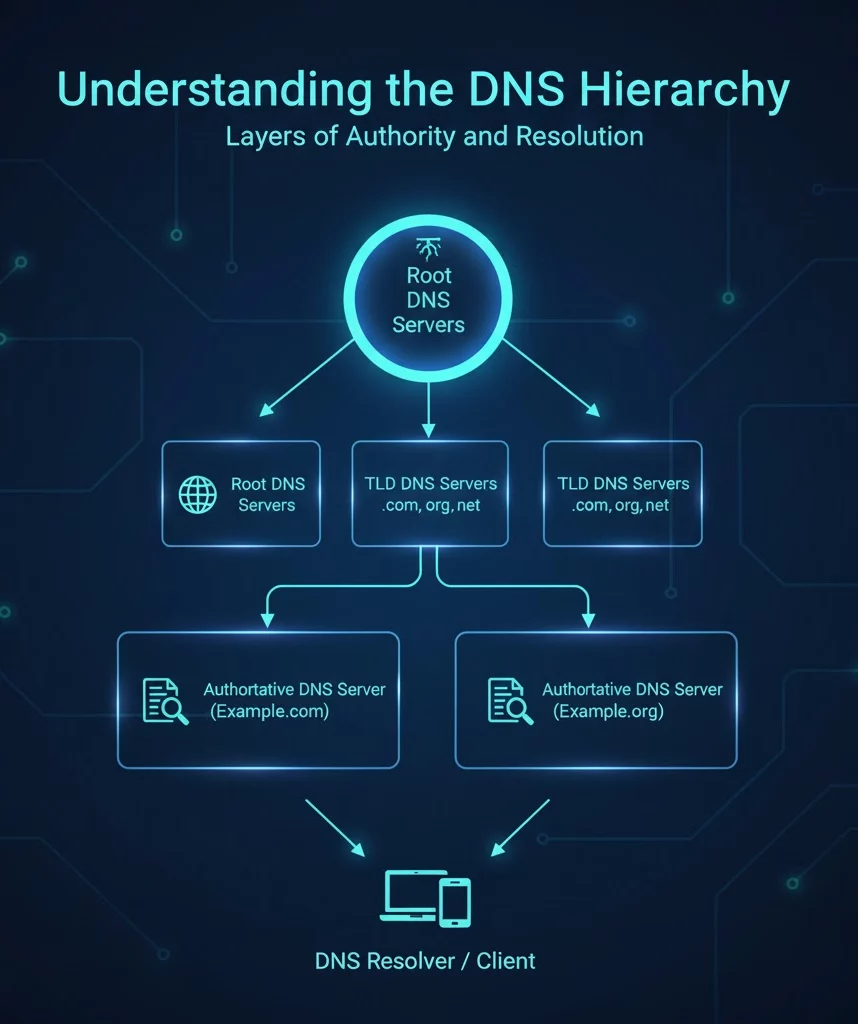 Diagram illustrating the Domain Name System (DNS) hierarchy as an inverted tree structure. It shows the Root Servers at the top, leading down to TLD (Top-Level Domain) Servers (like .com, .org), which in turn point to Authoritative DNS Servers that hold the final IP addresses for individual domain names.