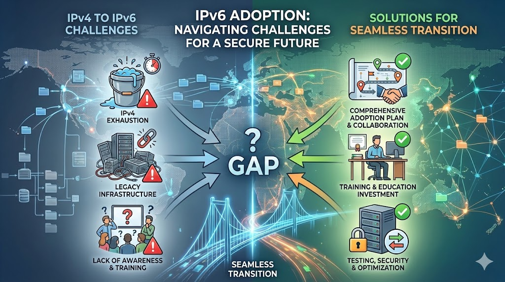 Feature image comparing IPv4 (represented by a small, nearly full block) and IPv6 (represented by a massive, expansive address space). The image also illustrates the "dual-stack" transition process, showing both protocols coexisting on a network, highlighting challenges like legacy infrastructure and security, and the need for planning and training.