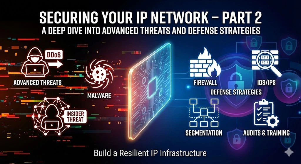 A feature image representing network security, showing a digital shield protecting a complex network of servers and IP addresses. Visual elements include glowing data streams, lock icons symbolizing encryption, and a futuristic dashboard displaying real-time threat monitoring and mitigation