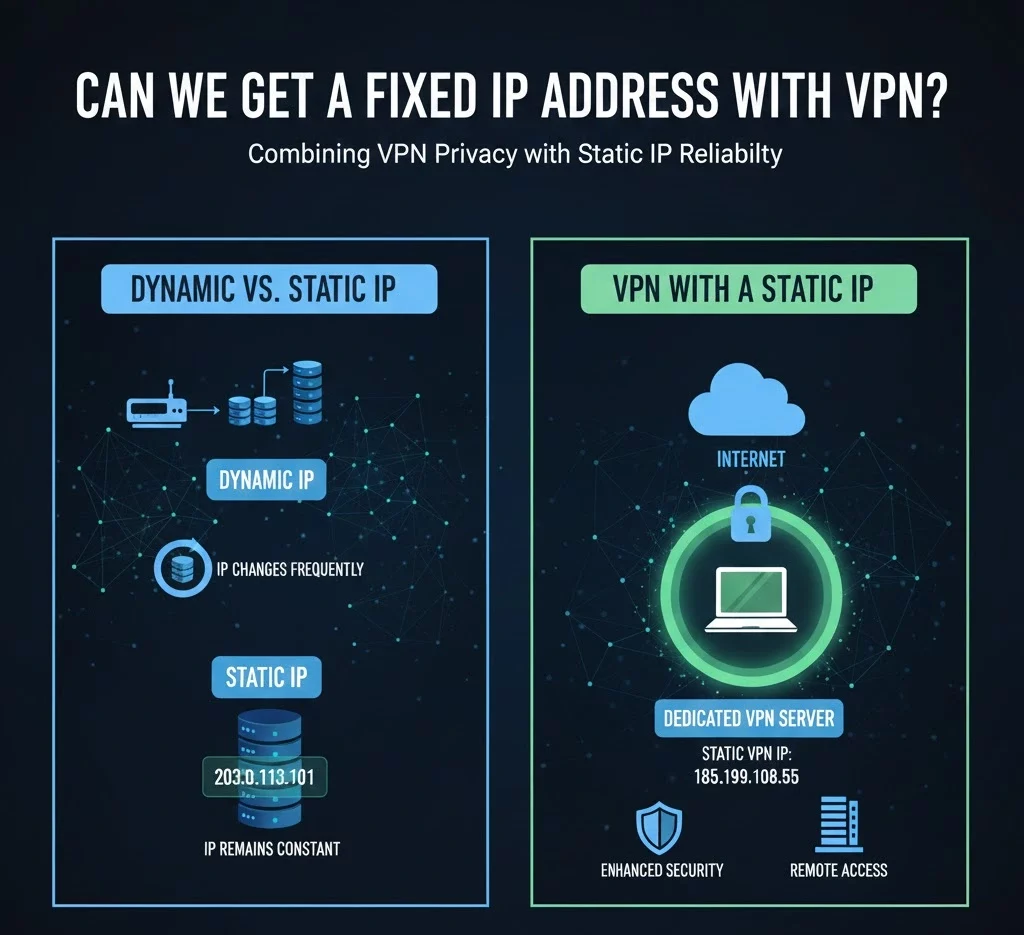 Feature image comparing standard VPN connections with Dedicated IP services. On one side, a "Dynamic IP" icon shows changing numbers, representing standard VPN use. On the other side, a "Fixed IP" icon shows a single, static address locked in place, symbolizing the consistent identity provided by a dedicated VPN IP.