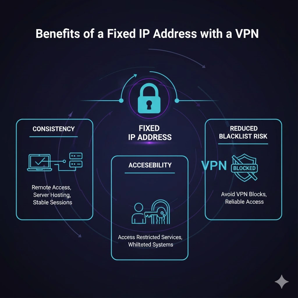 Infographic illustrating the three main advantages of a fixed IP address: Consistency (showing a continuous connection), Accessibility (showing a key unlocking a system), and Reduced Blacklisting (showing a shield protecting the connection from a blacklist icon).