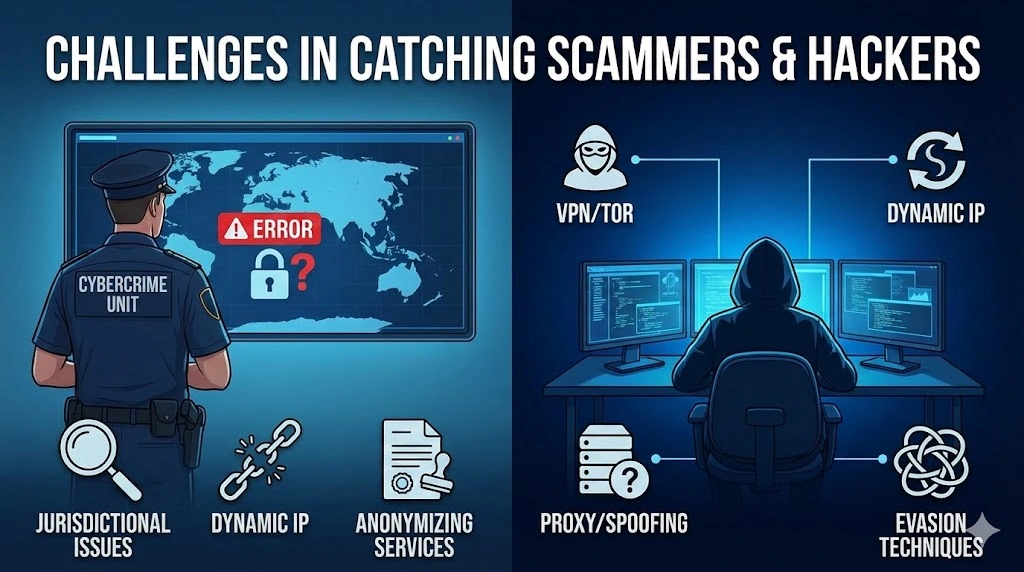 Infographic illustrating the difficulties in apprehending cybercriminals, featuring icons for a masked IP address (VPN/Tor), a world map with crossed out lines (jurisdictional issues), a rapidly changing digital clock (dynamic IP addresses), and a complex web of connections (advanced evasion techniques).