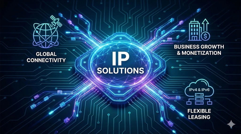 Feature image for an article on IP Solutions, illustrating a complex digital network with overlapping layers. Key elements include icons representing IP Address Management (IPAM), IPv4/IPv6 transition, network security (firewalls/shields), and scalability, highlighting enhanced connectivity and business efficiency.