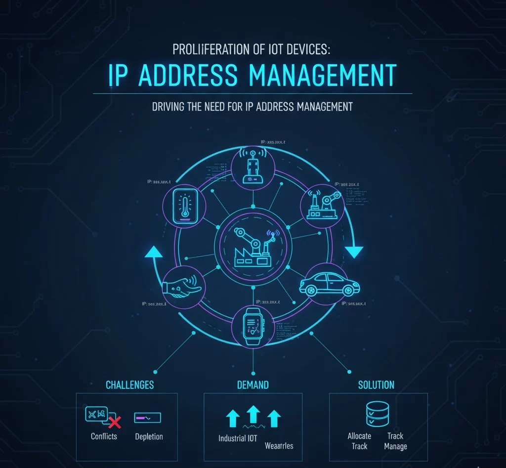 Conceptual diagram showing a dense collection of Internet of Things (IoT) devices, such as smart appliances and sensors, all requiring unique IP addresses and being funneled into a central IP Address Management (IPAM) system to prevent network conflicts.