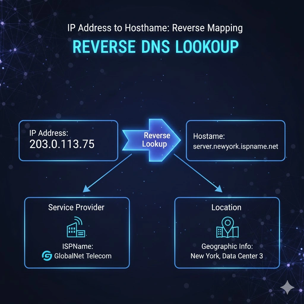 Feature image titled "What Information Can Be Obtained From An IP Address?" illustrating a digital magnifying glass analyzing an IP address. The analysis reveals connected data points including a geolocation map, Internet Service Provider (ISP) details, and network information.
