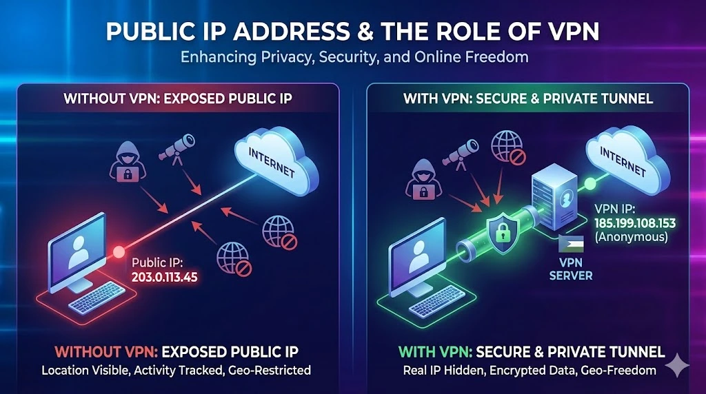 A split-panel infographic titled "PUBLIC IP ADDRESS & THE ROLE OF VPN". The left panel, labeled "WITHOUT VPN," shows a computer with an exposed public IP address connected directly to the internet, vulnerable to tracking and cyber threats. The right panel, labeled "WITH VPN," illustrates a computer connecting through a secure, encrypted tunnel to a VPN server, masking the real IP with an anonymous VPN IP for enhanced privacy and security.